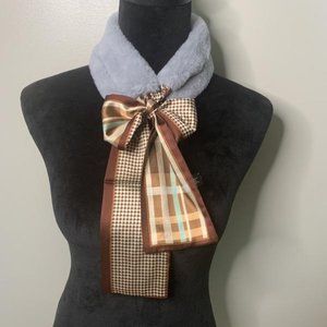 Faux Fur Neck Warming Scarf - Grey & Plaid